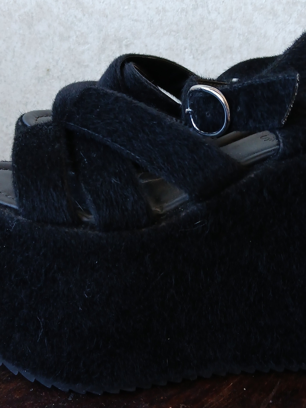 dELiA*s Black Fuzzy Platform Sandals with Silver Buckle